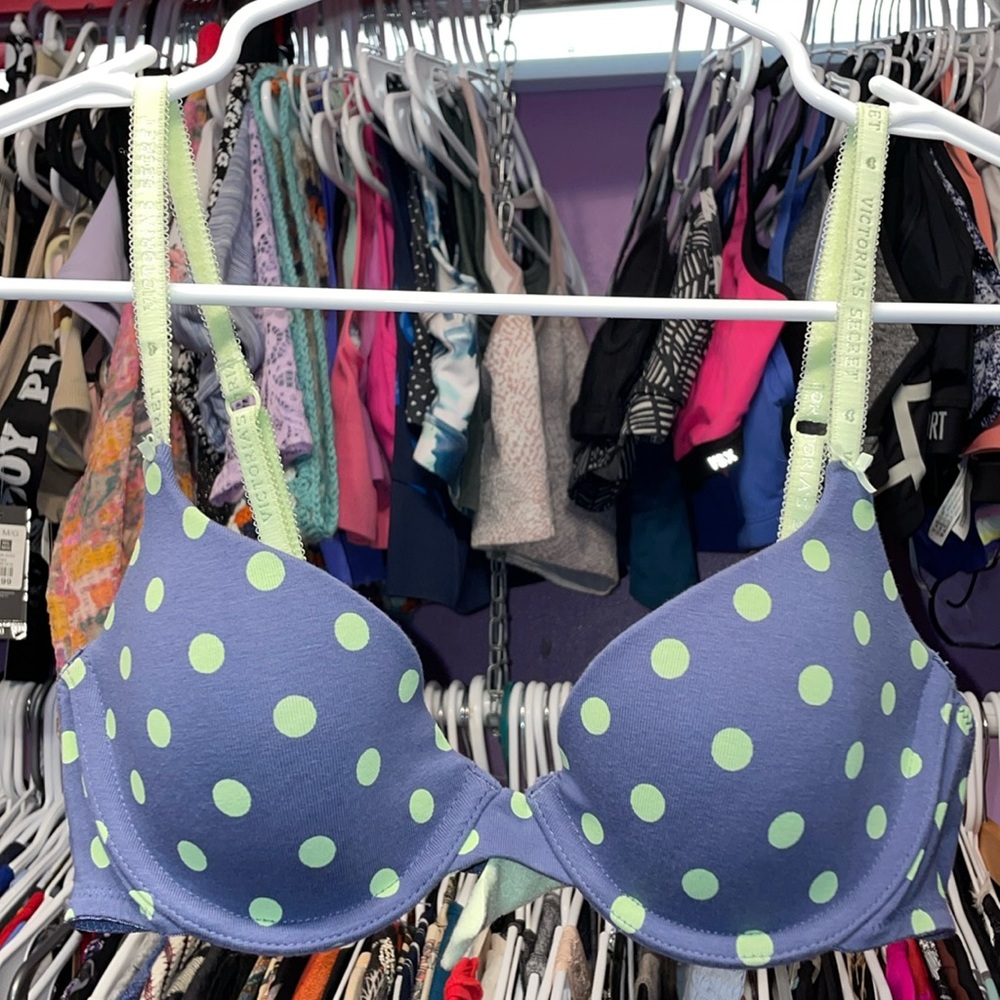 Blue with green polka dots Retro y2k bra Lined Demi bra perfect shape size 32b